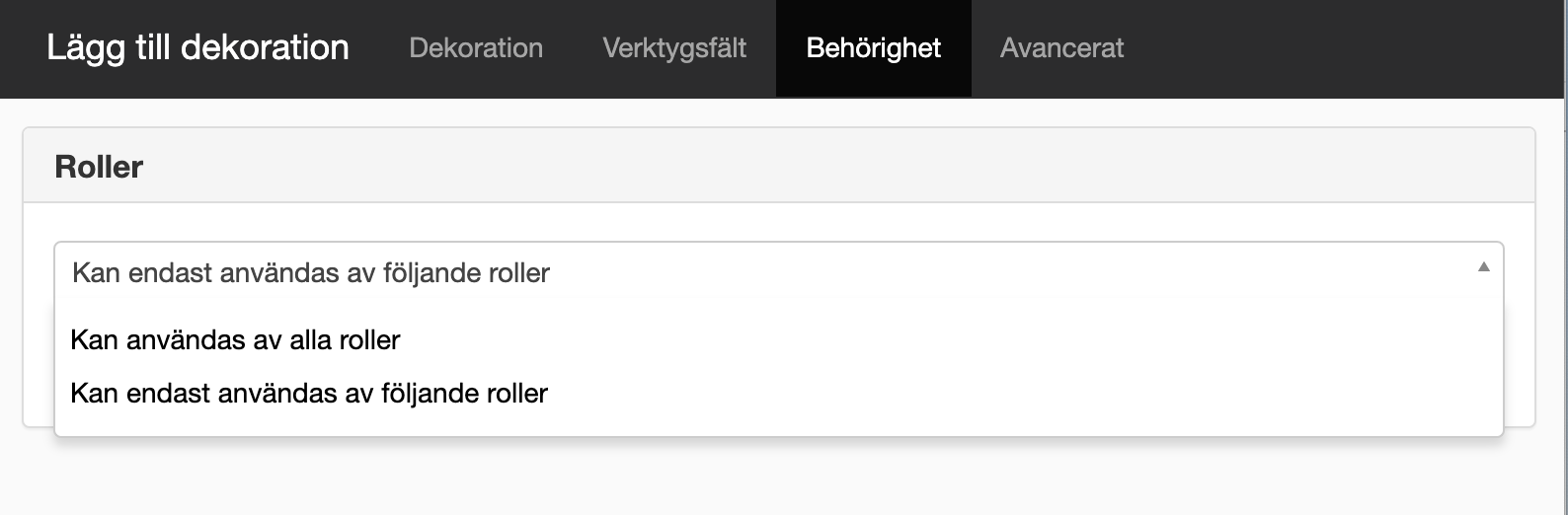 Behörigheter på dekoration