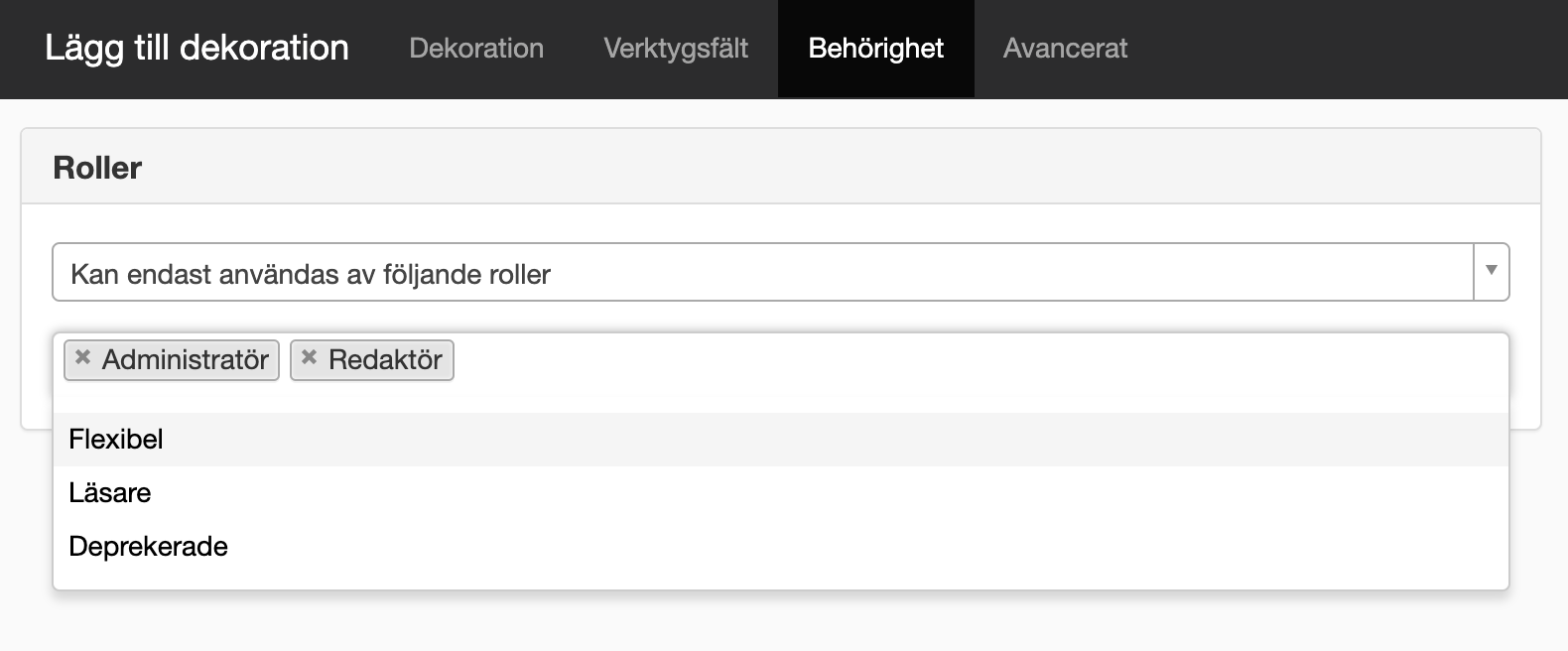 Behörighetsroll på dekoration