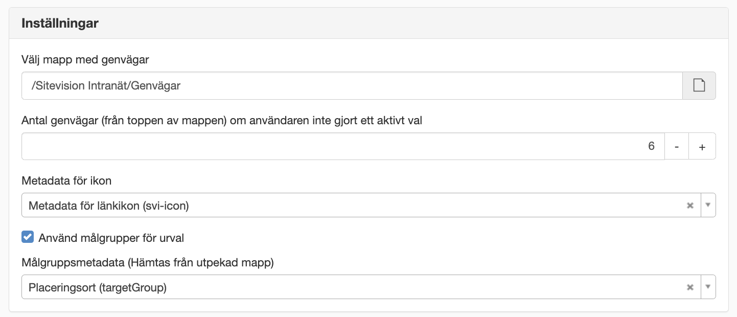 Inställlningar i Personliga genvägar