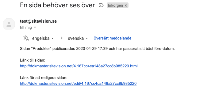 E-postmeddelande med länk till sidan