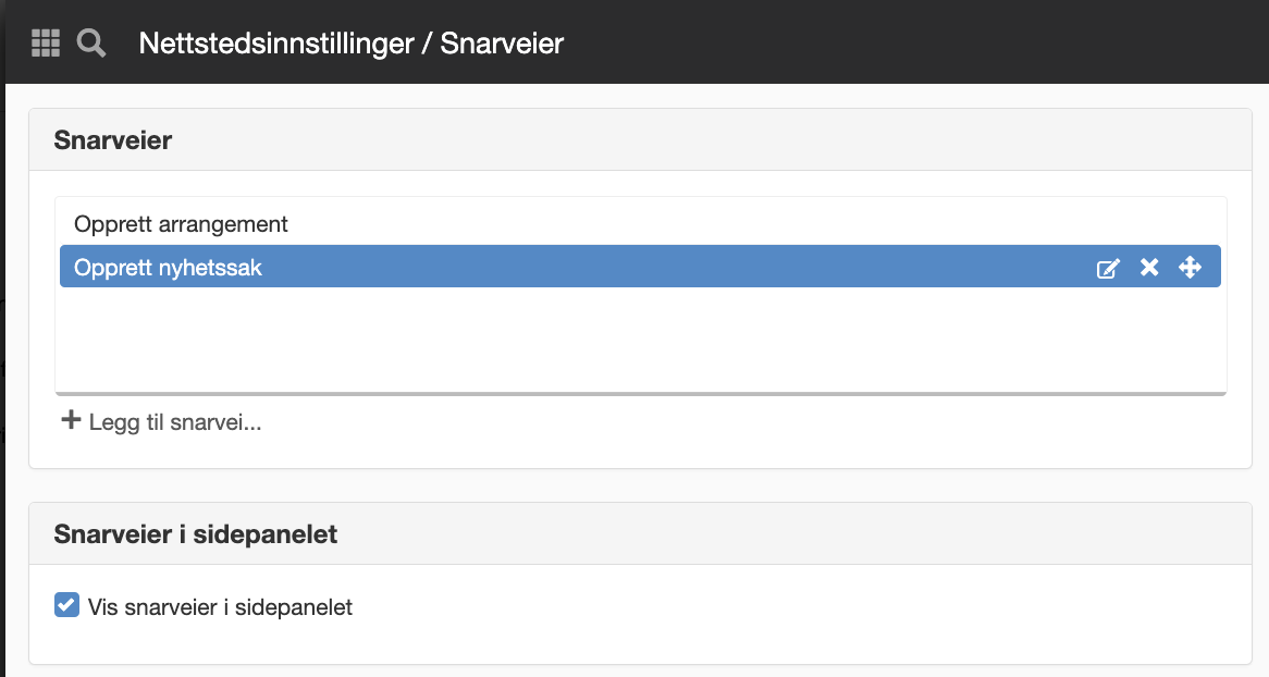 Redaktörsmeny med artikelgenvägar