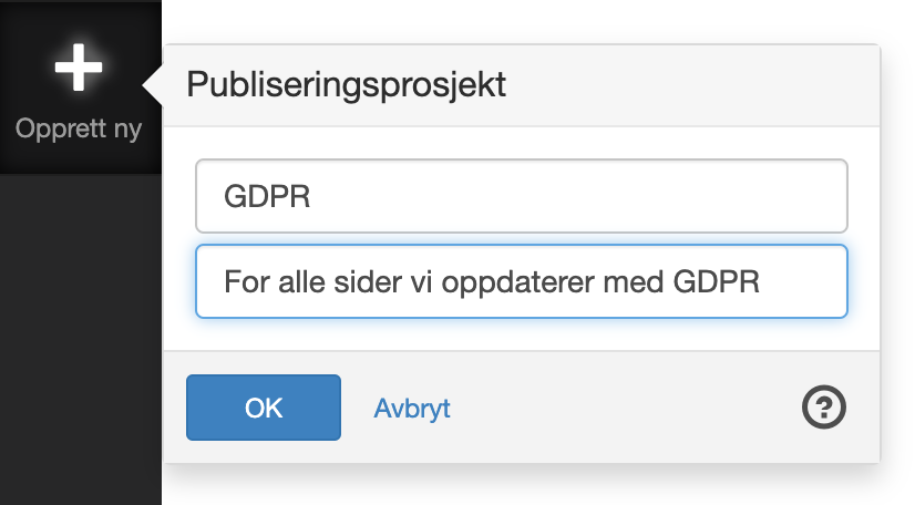 Opprett ny Publiseringsprosjekt