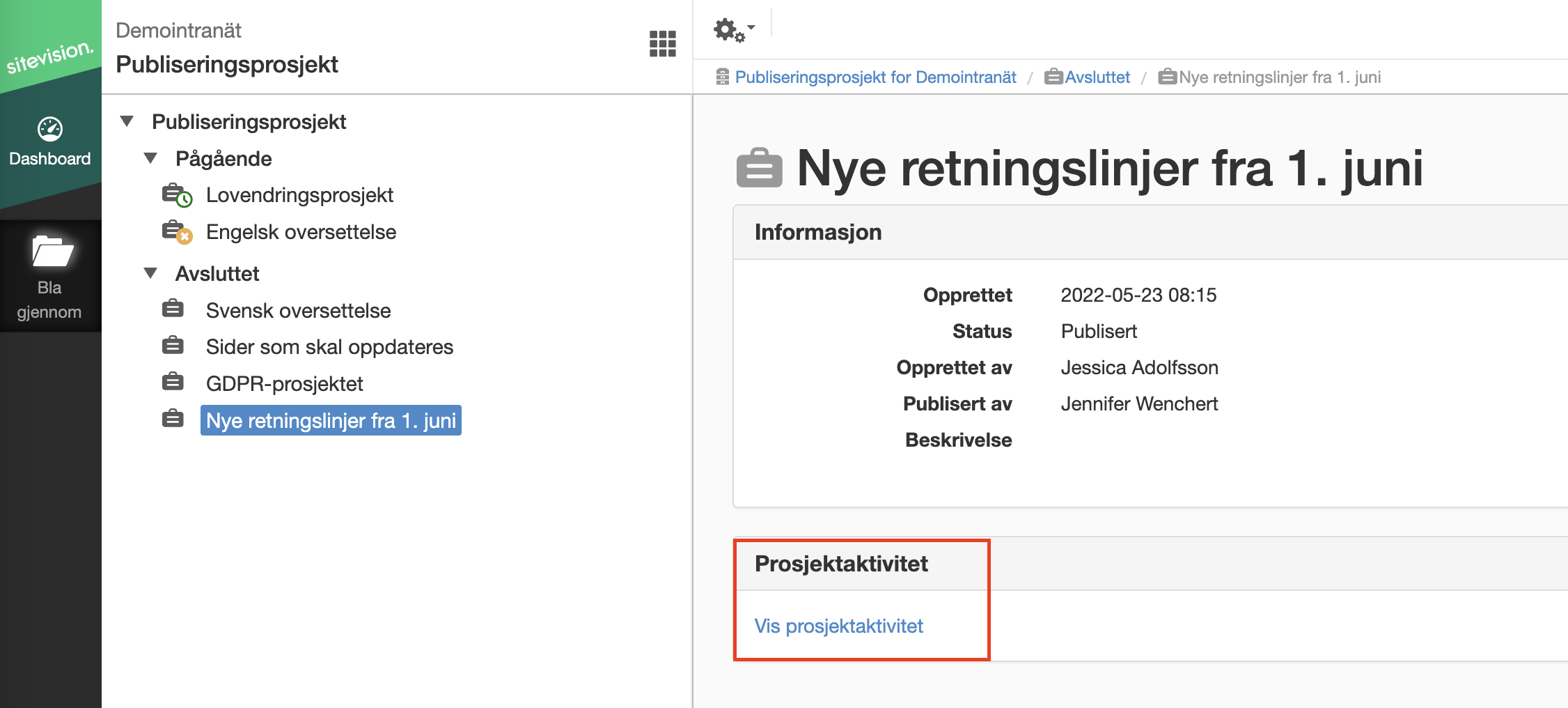 Vis prosjektaktivitet