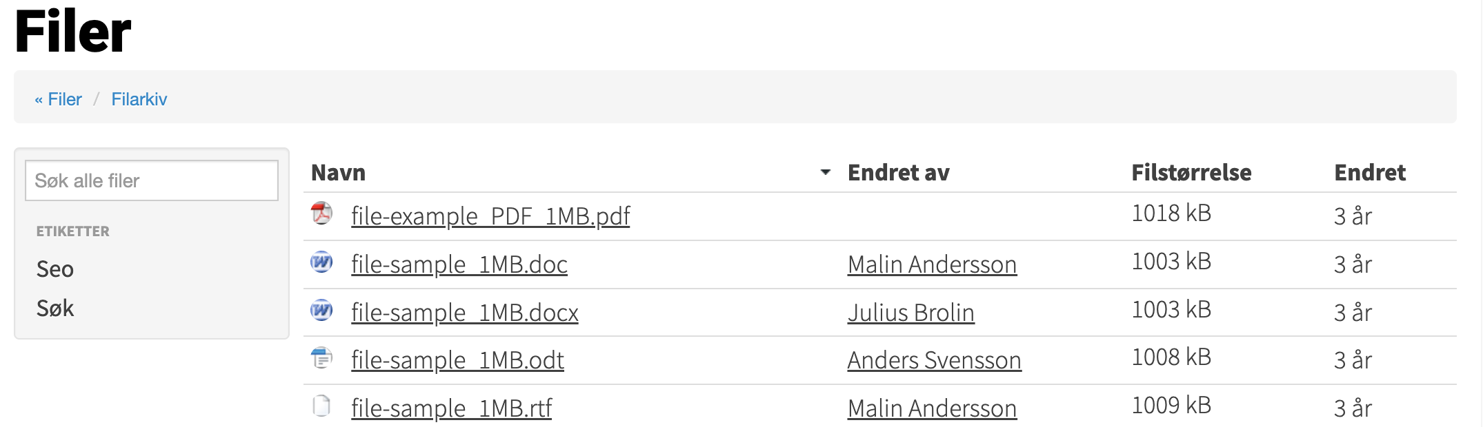 Liste over alle filer for ikke-gruppemedlemmer