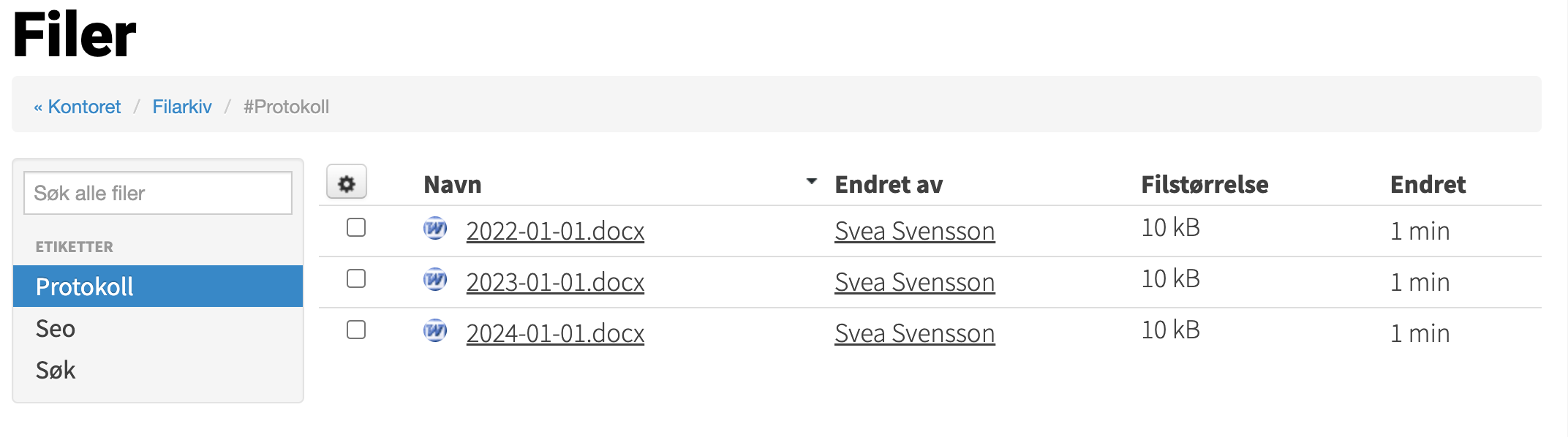 Bare filer med etiketten "Protokoll" vises