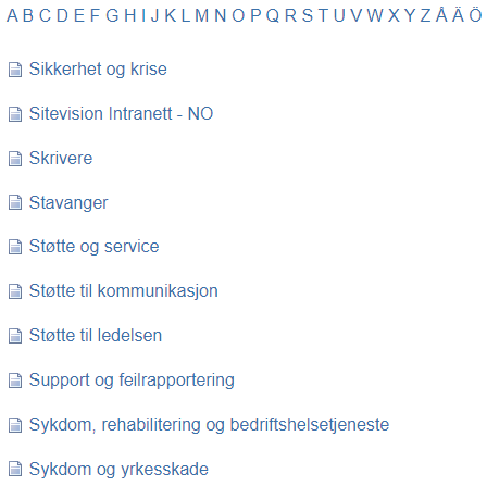 Skjermbilde av et eksempel på en A-Å-listemodul