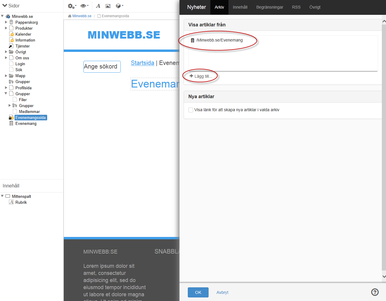 Skärmdump på fliken arkiv för nyheter