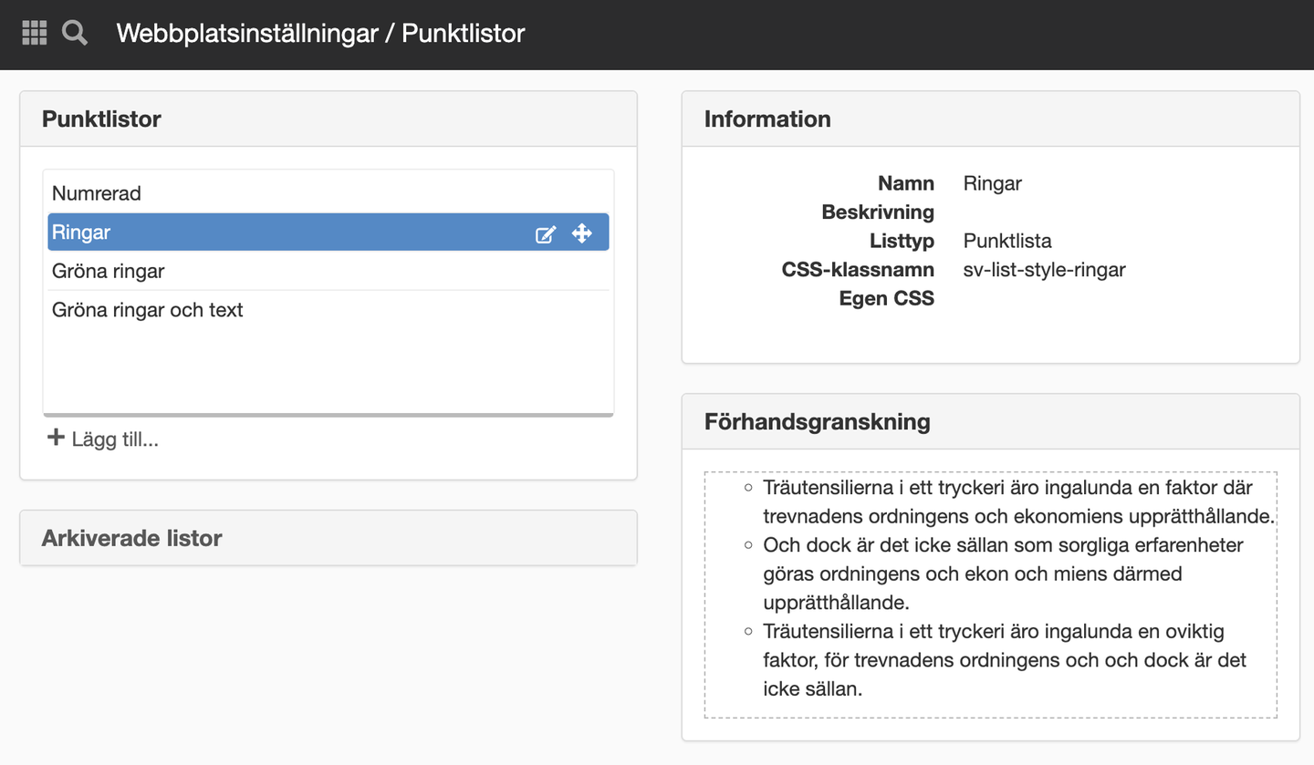 webbplatsinställningar punktlista