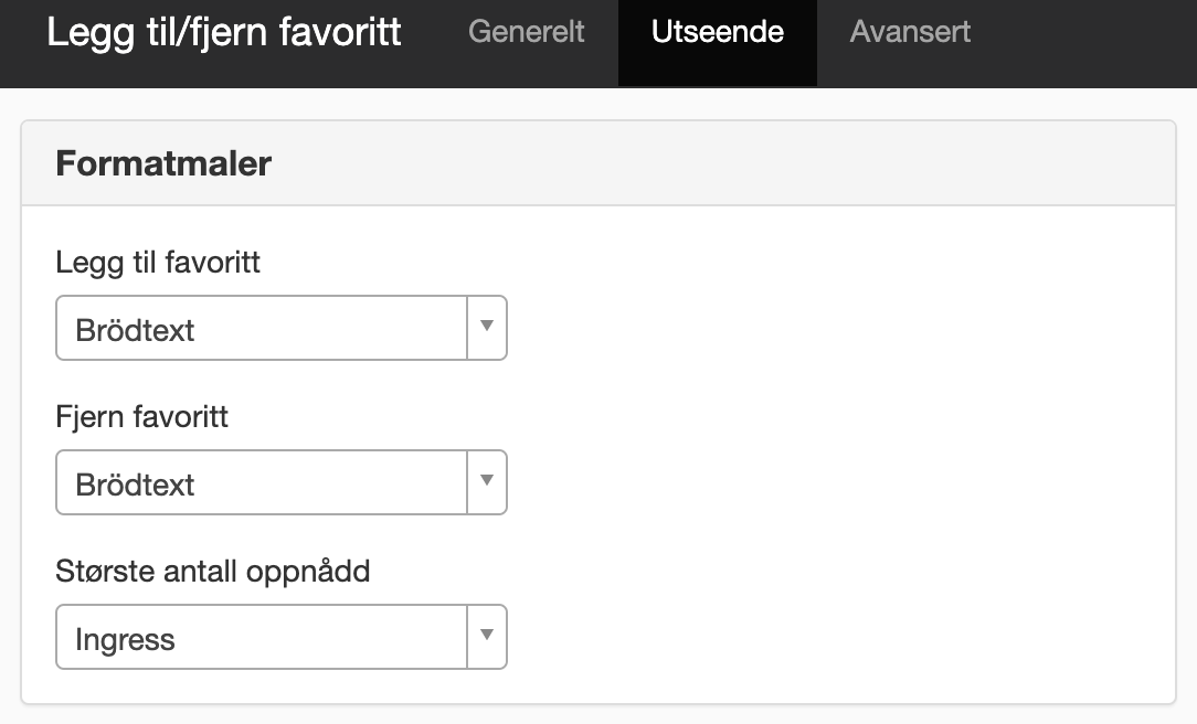 Fanen Utseende i modulen Legg til/fjern favoritt