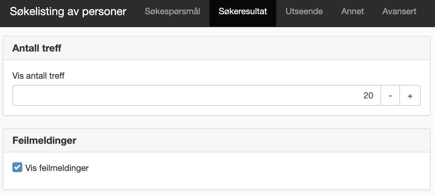 Fanen Søkeresultat i modulen Søkelisting av personer