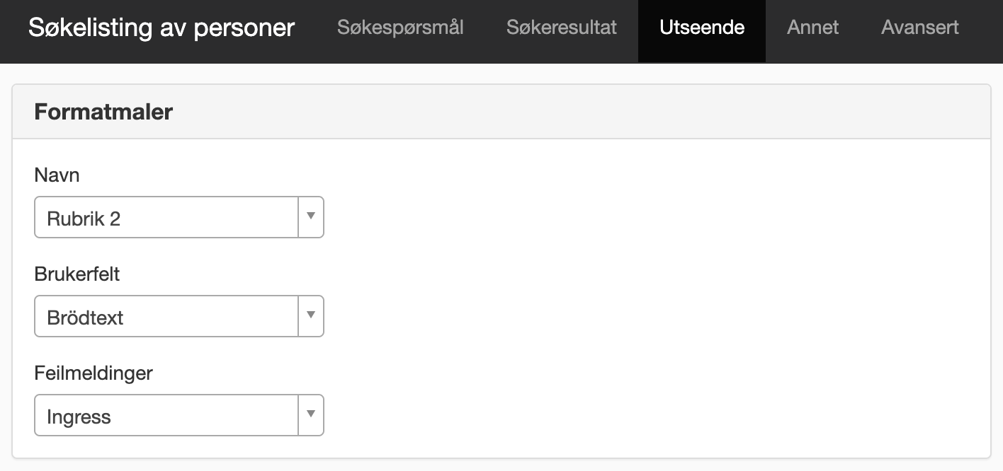 Fanen Utseende i modulen Søkelisting av personer