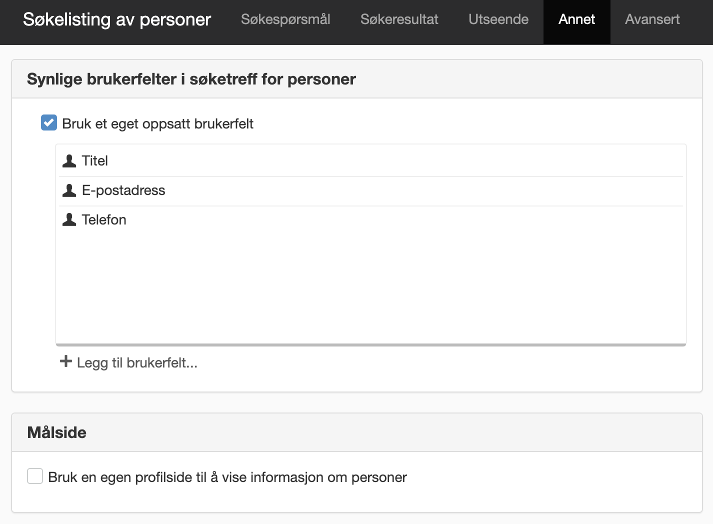 Fanen Annet i modulen Søkelisting av personer