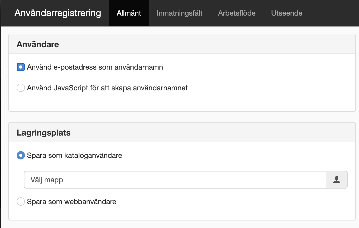 Inställningar Användarregistrering