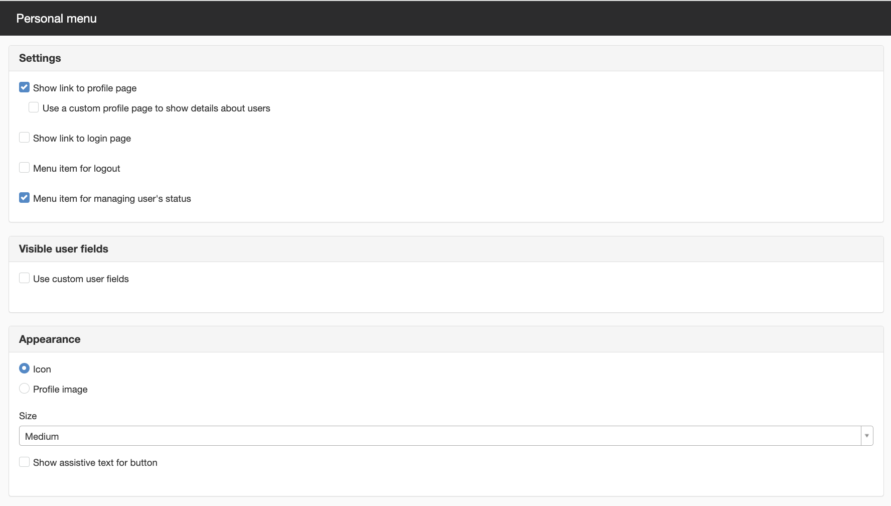 Settings Personal menu