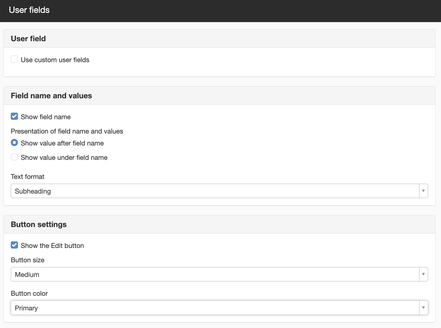 Settings user fields