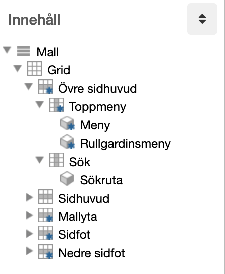 Layouter/spalter och moduler markerade med blå stjärna indikerar en förändring.