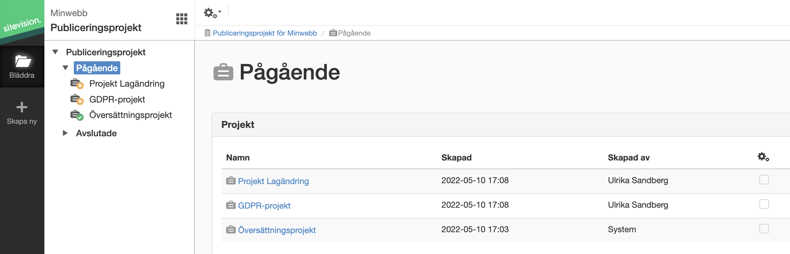 Vy för publiceringsprojekt