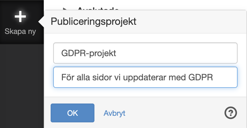 Dialog för Skapa nytt publiceringsprojekt