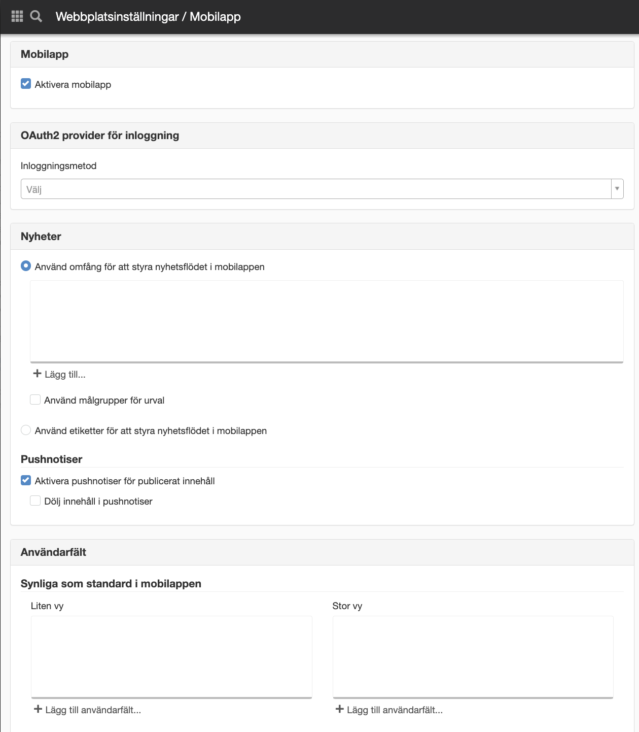 Inställningar mobilapp