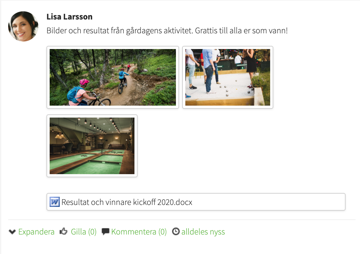 Aktivitetsflöde med bilder och filer