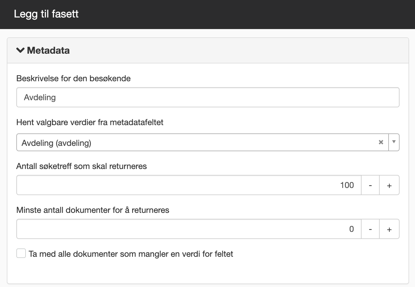 Legg til fasett - metadata