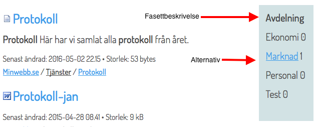 Eksempel på fasettbeskrivelse og alternativ