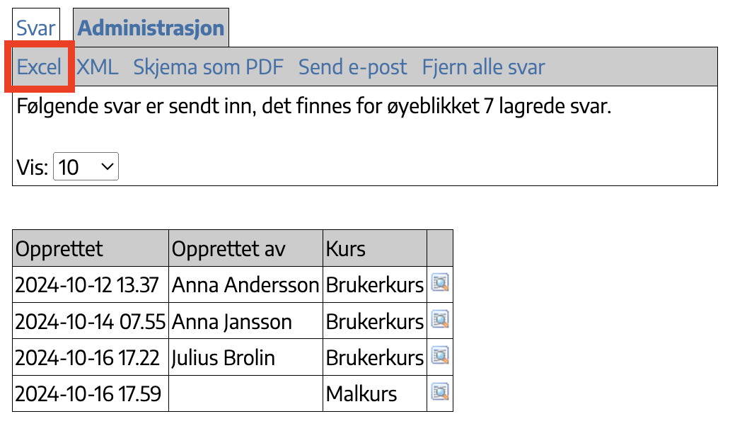 Eksporter svar som Excel