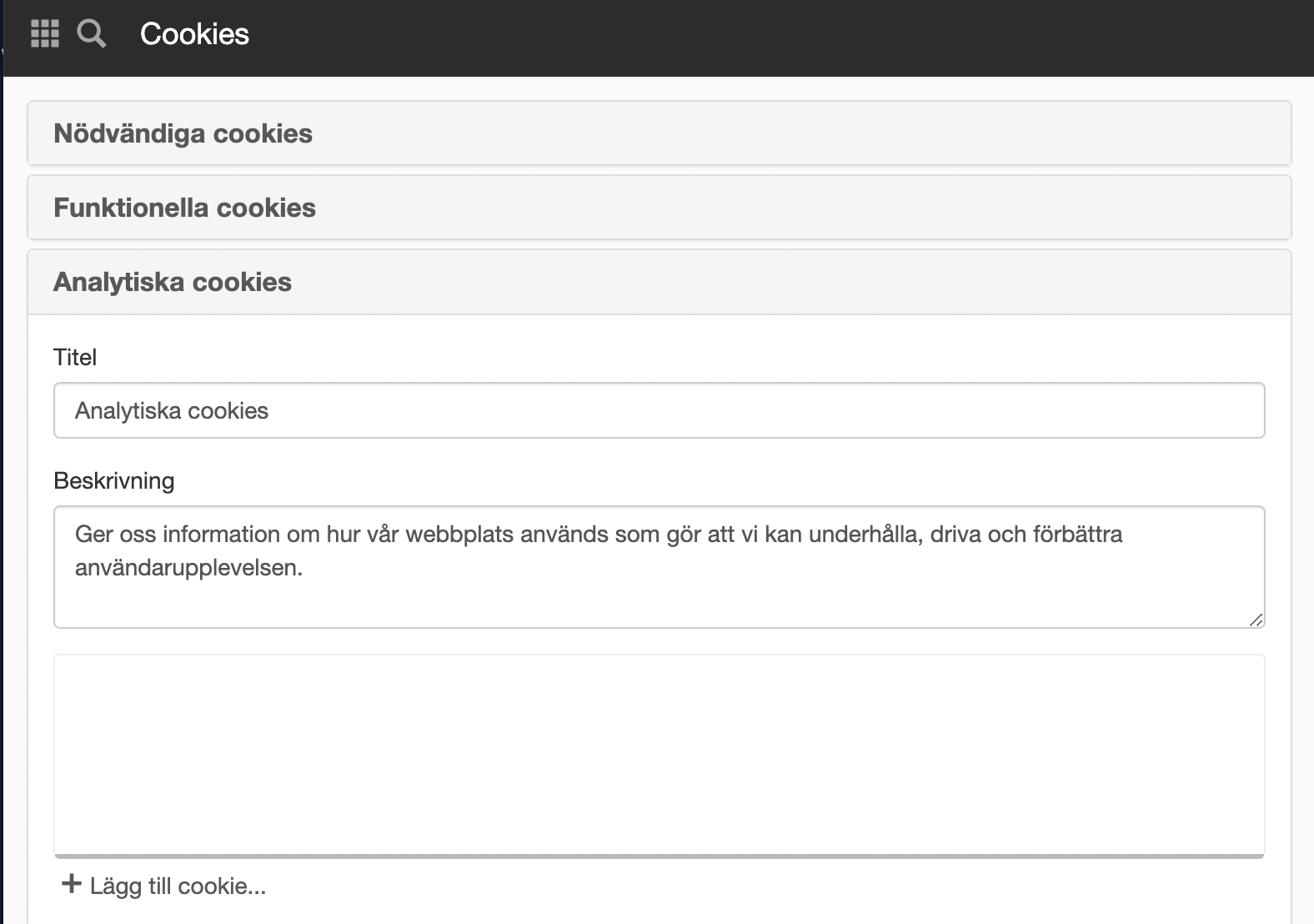 Skärmklipp från Panelen Cookies. 