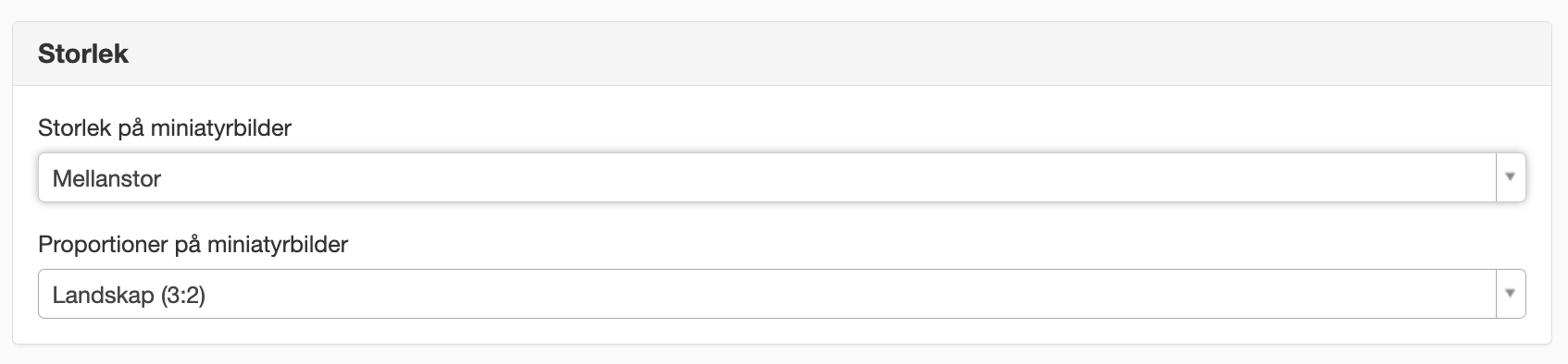 Inställnngar för storlek på miniatyrer