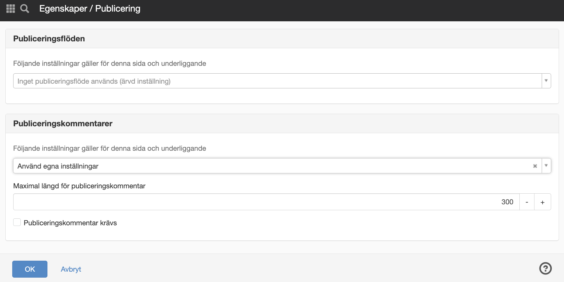 inställningar publiceringskommentar