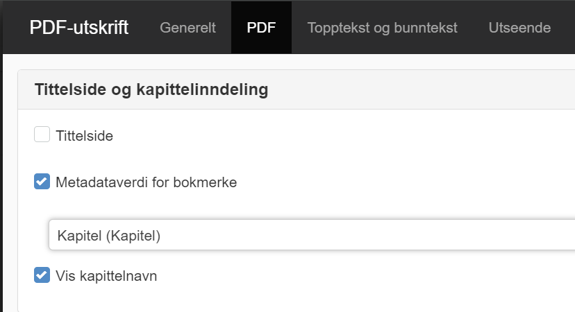 Skärmdump på Inställningar för PDF utskrift