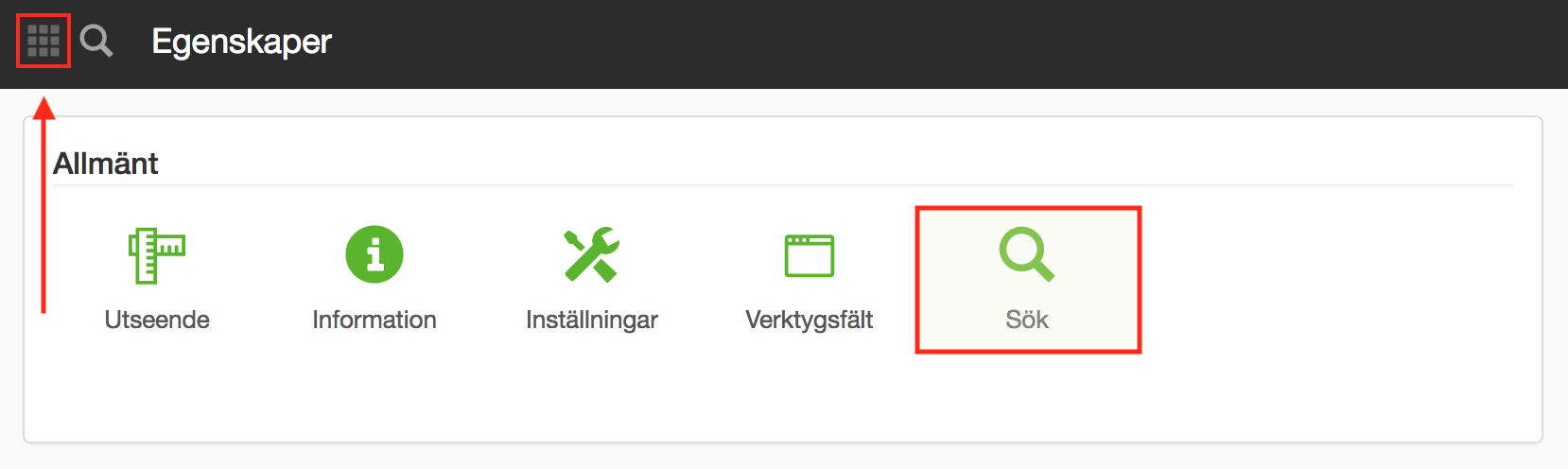 Egenskaper på modul - menyval