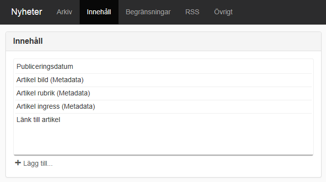 Skärmdump på fliken Innehåll