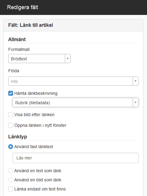 Skärmdump av länk till artikel i Nyheter