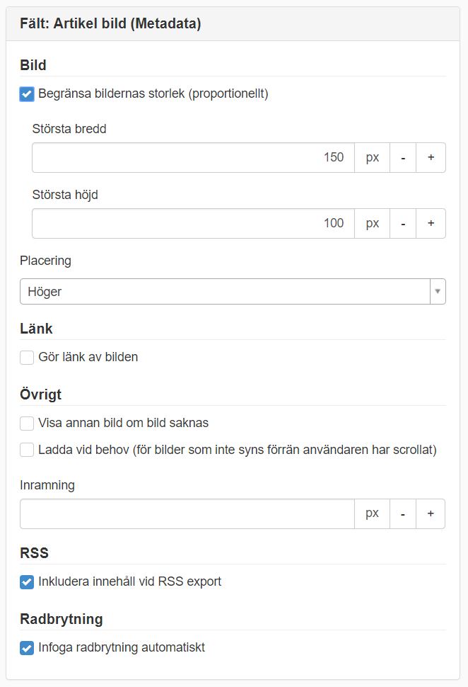 inställningar för fältet artikelbild i bloggmodulen 