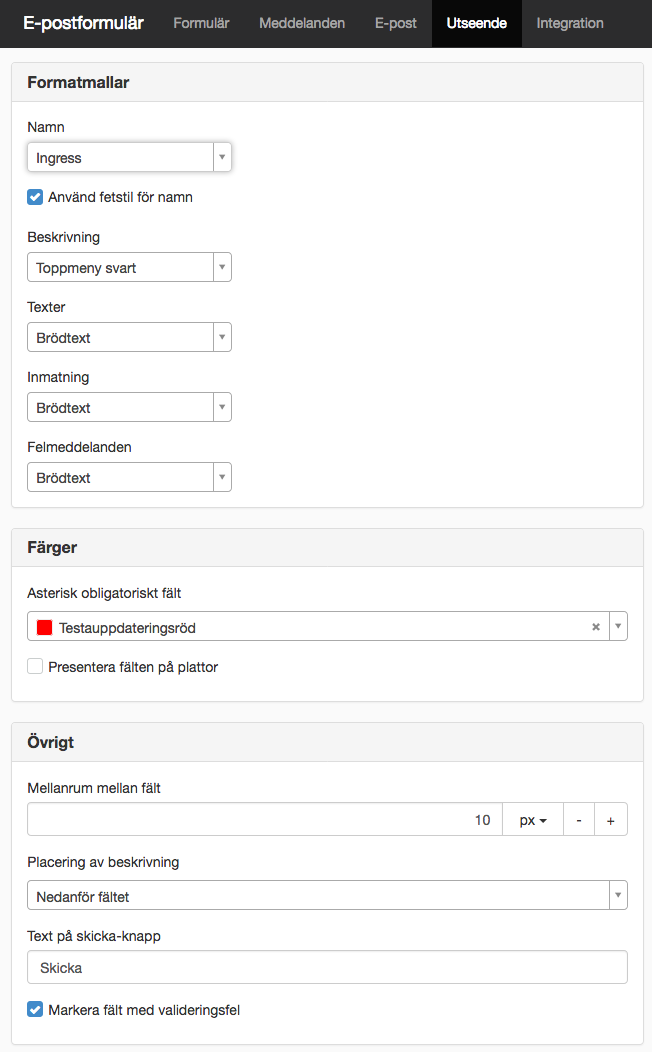Skärmdump på fliken Utseende
