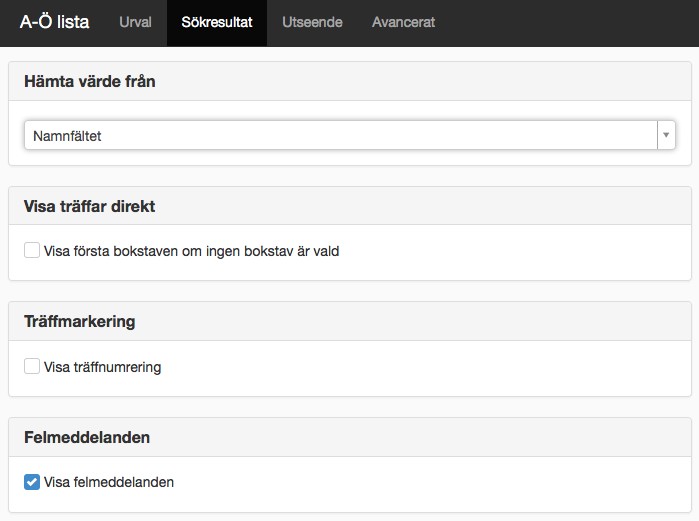 Skärmdump på fliken Sökresultat för modulen A-Ö lista