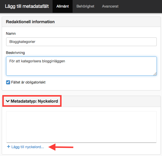 Lägg till metadatatyp Nyckelord