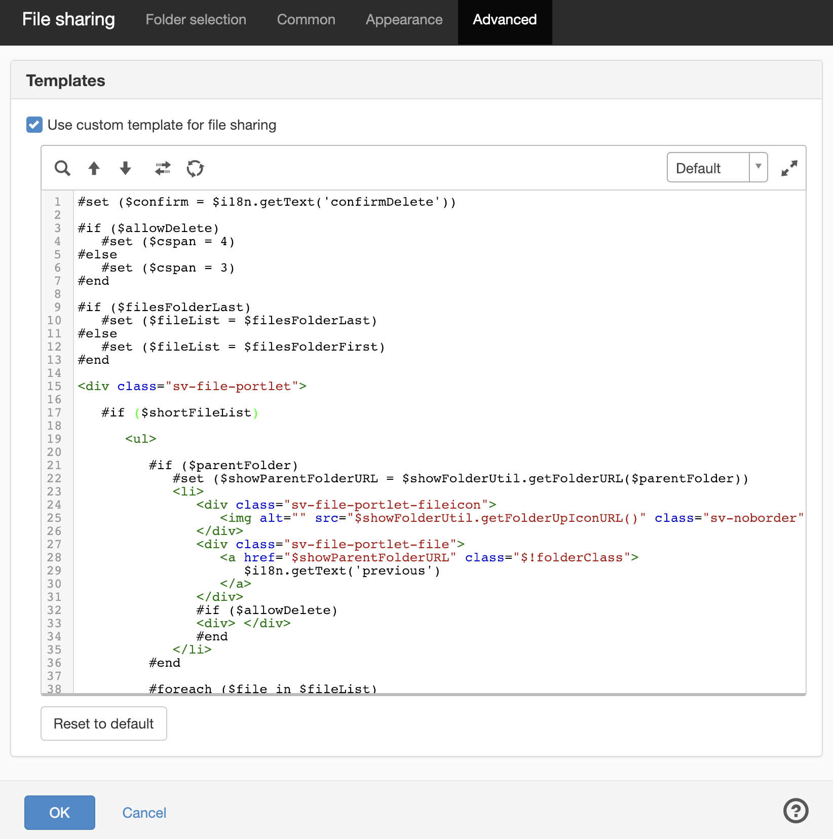 Advanced tab - file sharing