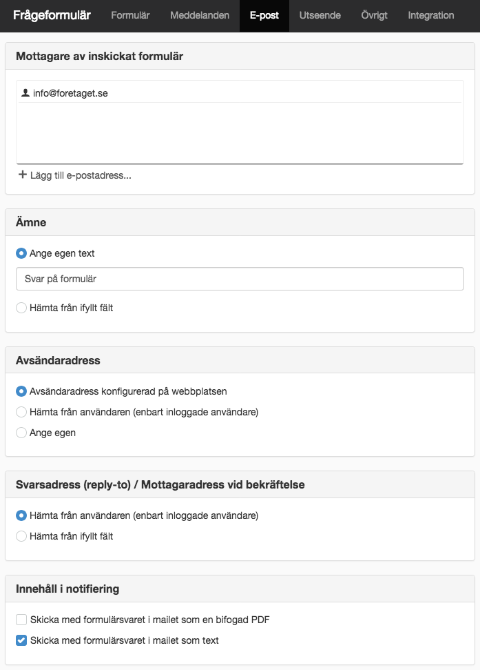 Skärmdump på fliken E-post