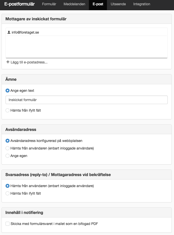 Skärmdump på fliken E-post