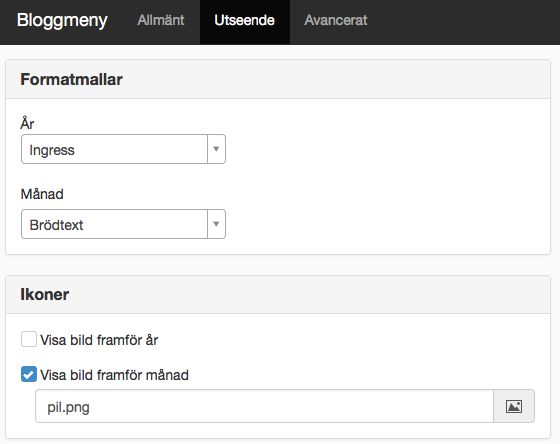 Utseende i bloggmenyn