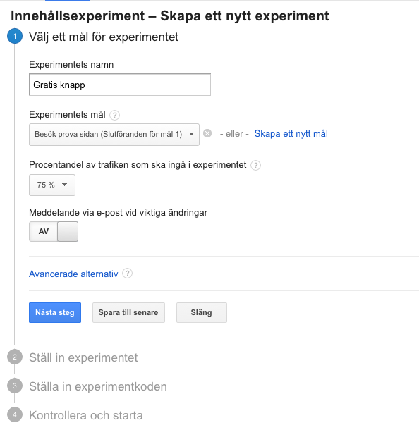 Steg 1 skapa experiment