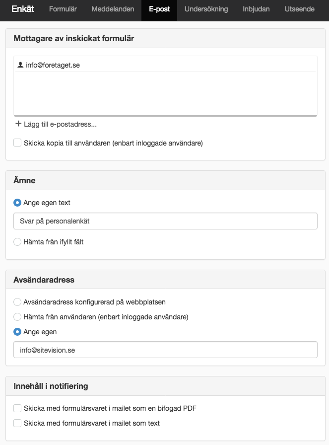 Skärmdump på fliken E-post