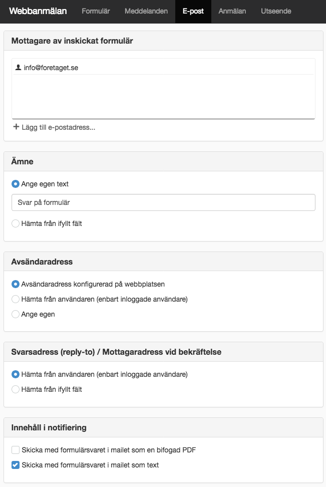 Skärmdump på fliken E-post