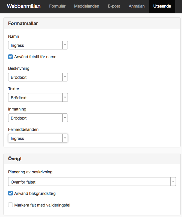 Skärmdump på fliken Utseende