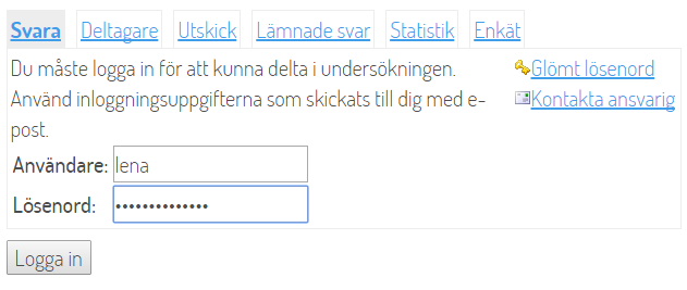 Skärmdump på administration online av sluten Enkät