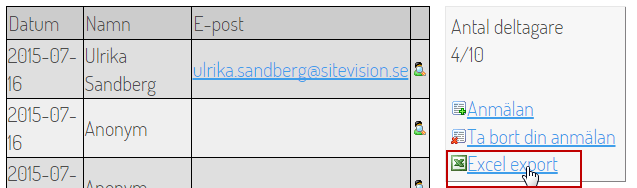 Skärmdump på funktionen excel export