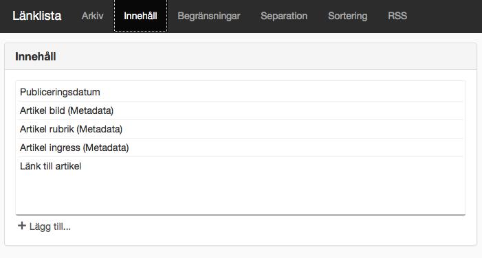 Länklista standardvärden uder Innehåll