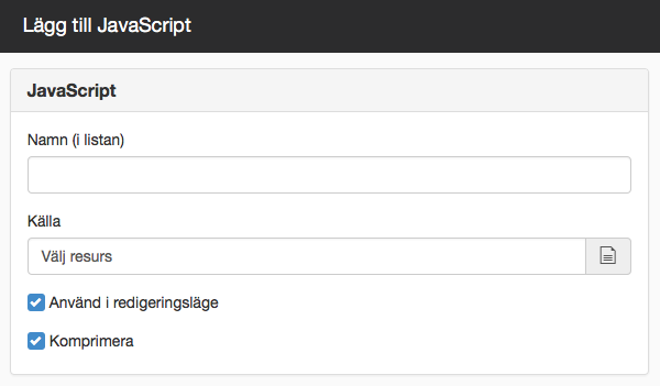 Dialogruta för att lägg till Javascript-tillägg i <body>